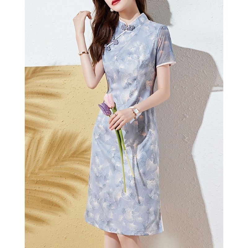 Pencil Skirt Midi - Women Light Blue Floral Print Cheongsam
