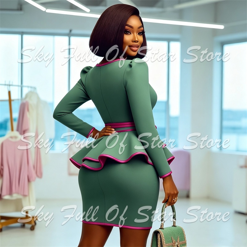 Pencil Skirt Midi - Green Women Suit Set 2 Pcs