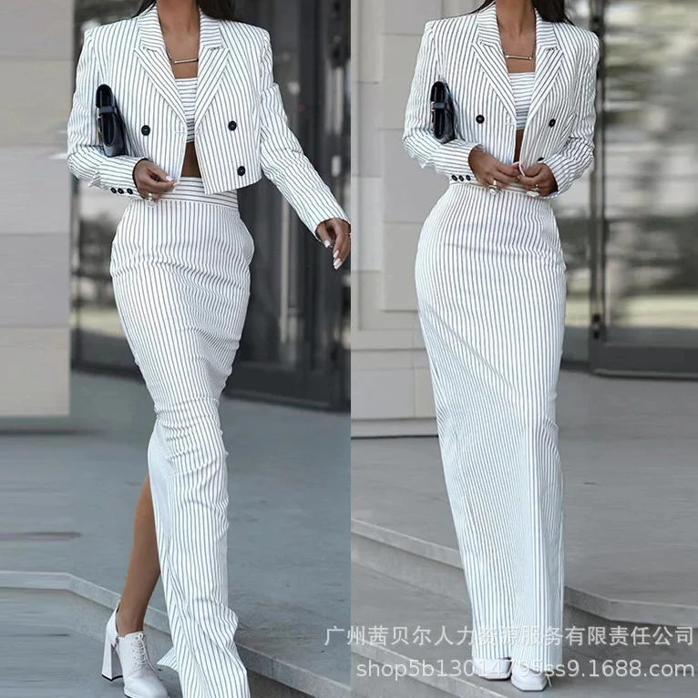 Striped Blazer Coat & Slit Ski - Pencil Skirt Midi ulasan dan harga