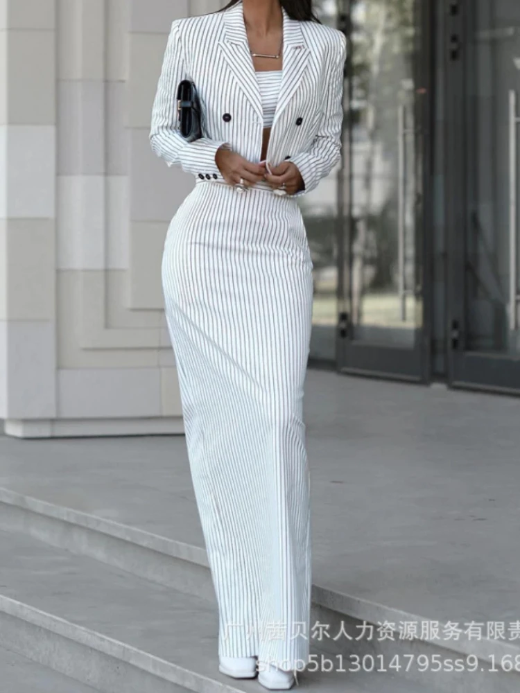 Striped Blazer Coat & Slit Ski - Pencil Skirt Midi ulasan dan harga