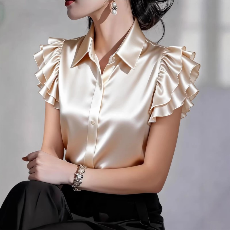 Casual Ruffle Short Sleeve Blo - Silk Blouse Button ulasan dan harga