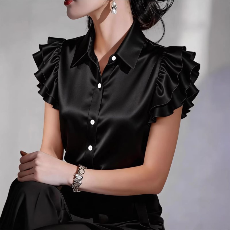 Casual Ruffle Short Sleeve Blo - Silk Blouse Button ulasan dan harga