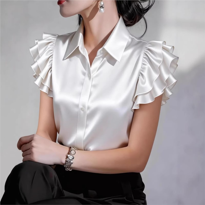 Casual Ruffle Short Sleeve Blo - Silk Blouse Button ulasan dan harga