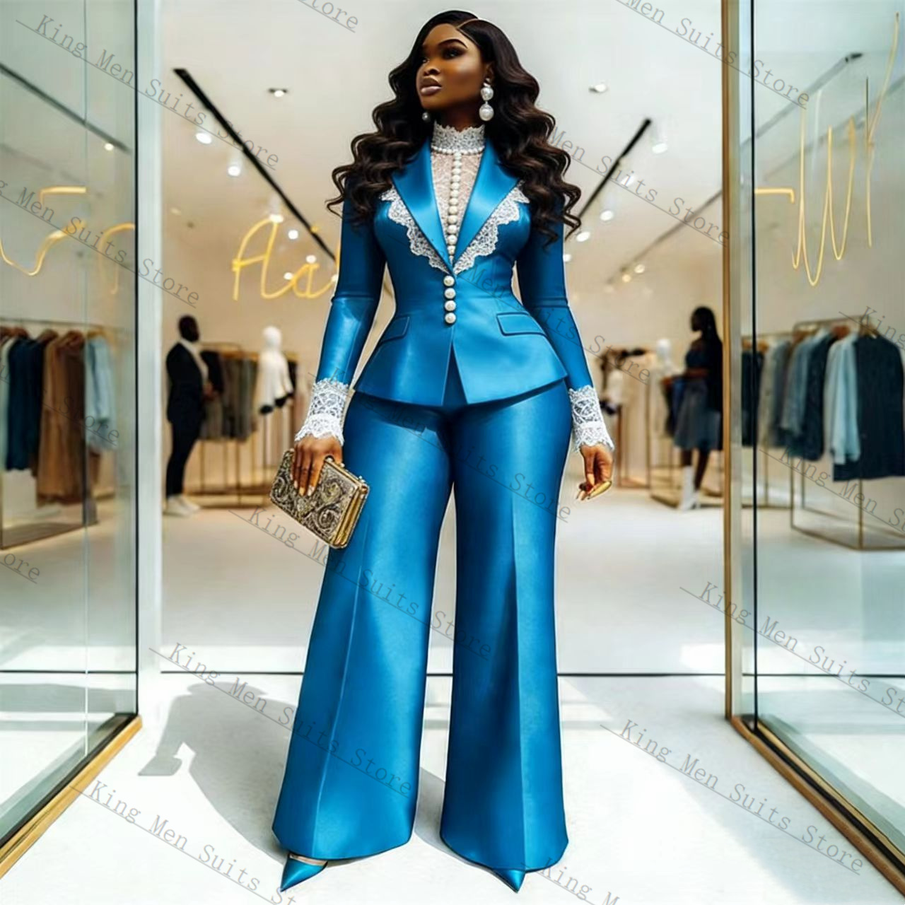 Blue Satin Lace Women Suit Set - Women'S Formal Wear Tuxedo ulasan dan harga