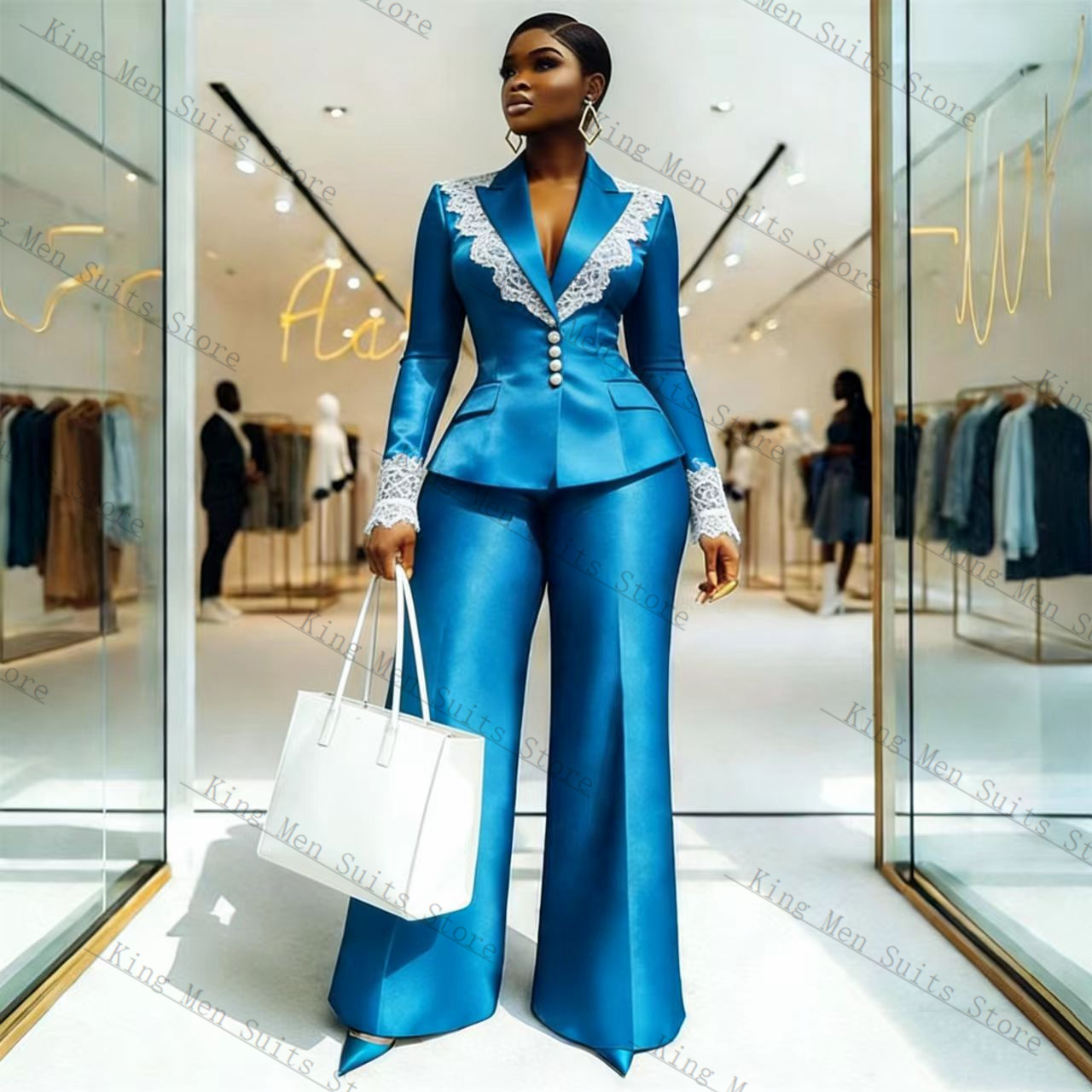 Blue Satin Lace Women Suit Set - Women'S Formal Wear Tuxedo ulasan dan harga