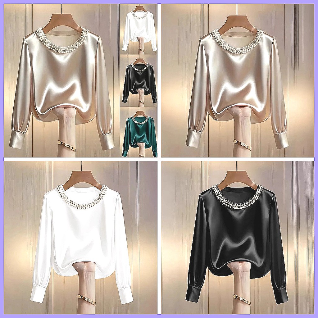 Elegant Beaded Satin Blouse fo - Silk Blouse Button ulasan dan harga