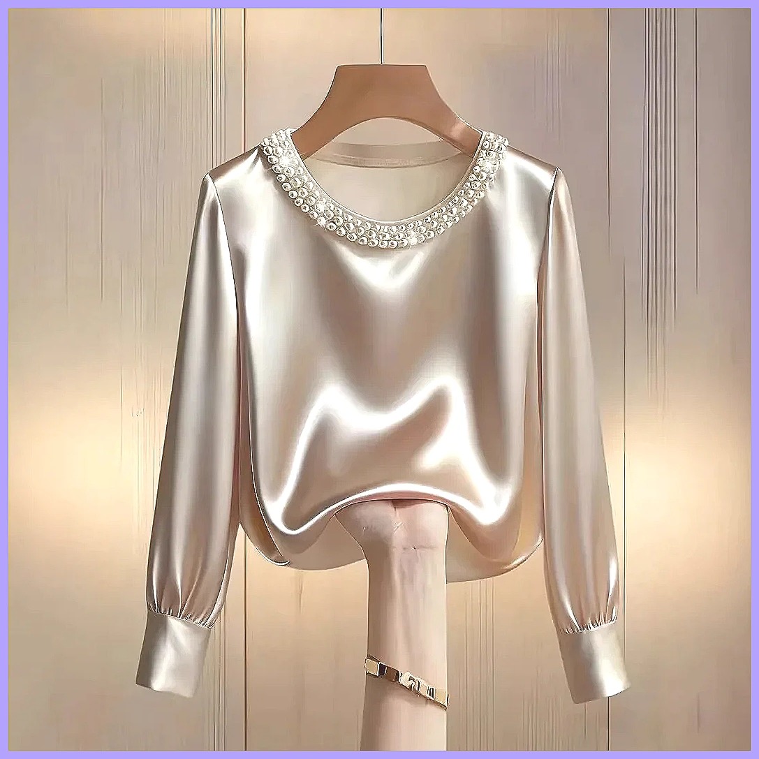Elegant Beaded Satin Blouse fo - Silk Blouse Button ulasan dan harga