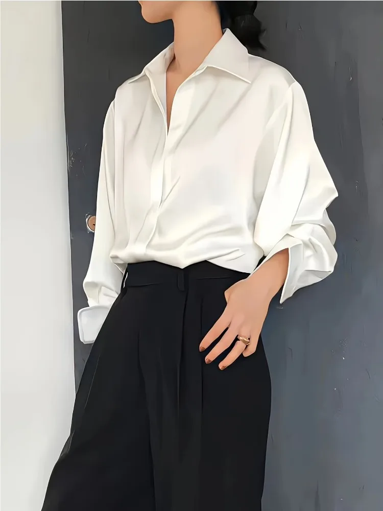 Plus Size Casual Women Silk Sh - Silk Blouse Button ulasan dan harga