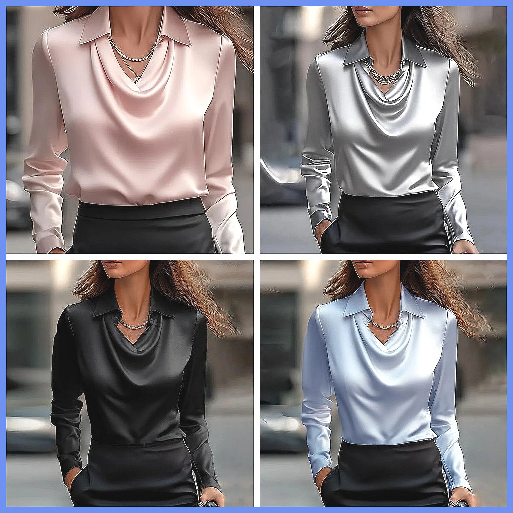 Vintage Satin Blouse Women Lon - Silk Blouse Button ulasan dan harga