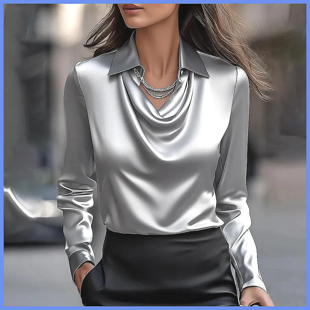 Vintage Satin Blouse Women Lon - Silk Blouse Button ulasan dan harga