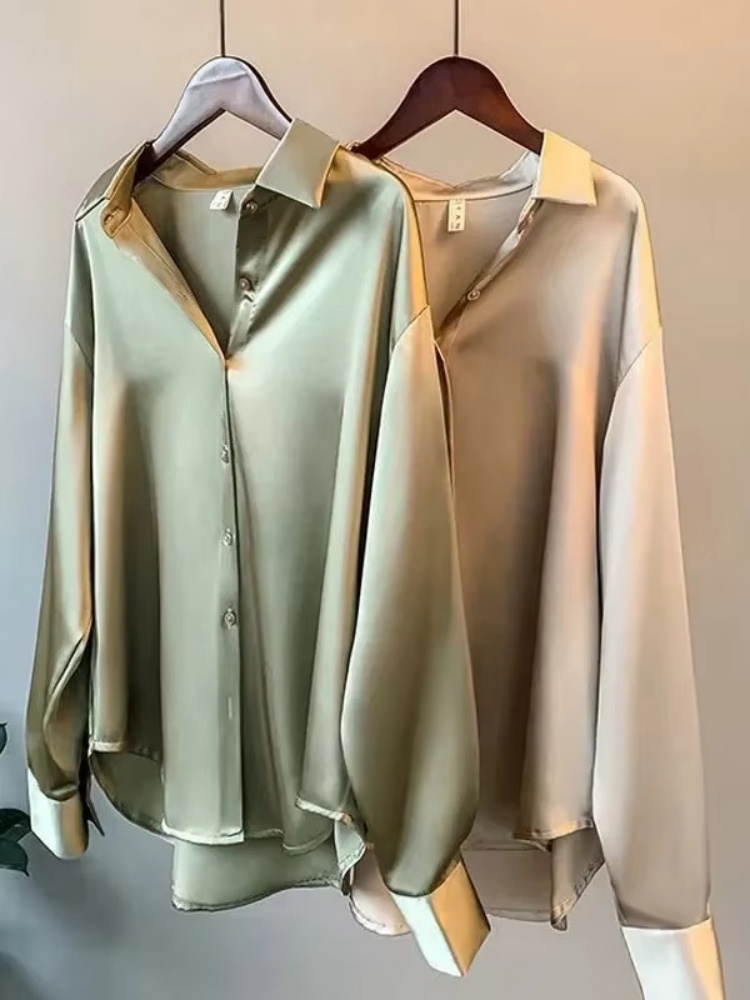 2026 Elegant Satin Loose Women - Silk Blouse Button ulasan dan harga
