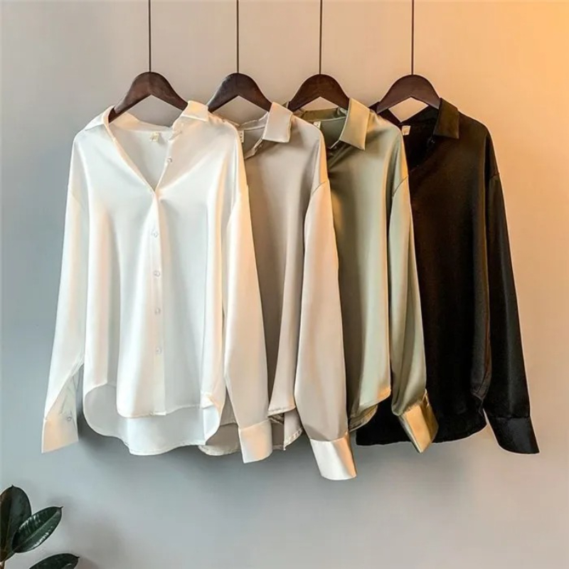 2026 Elegant Satin Loose Women - Silk Blouse Button ulasan dan harga