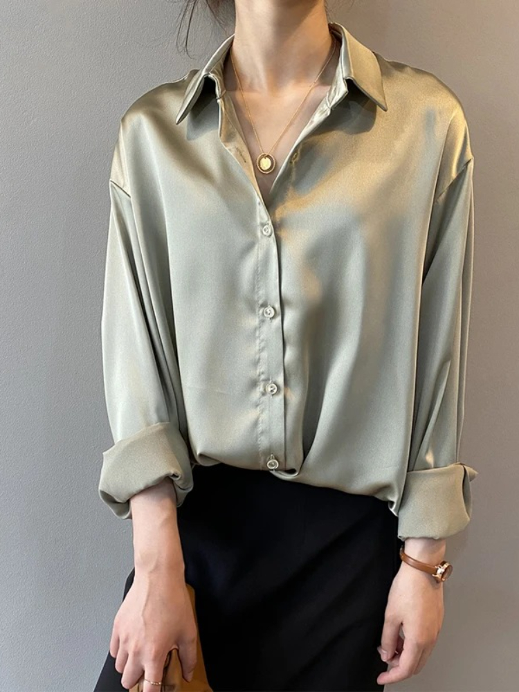 2026 Elegant Satin Loose Women - Silk Blouse Button ulasan dan harga