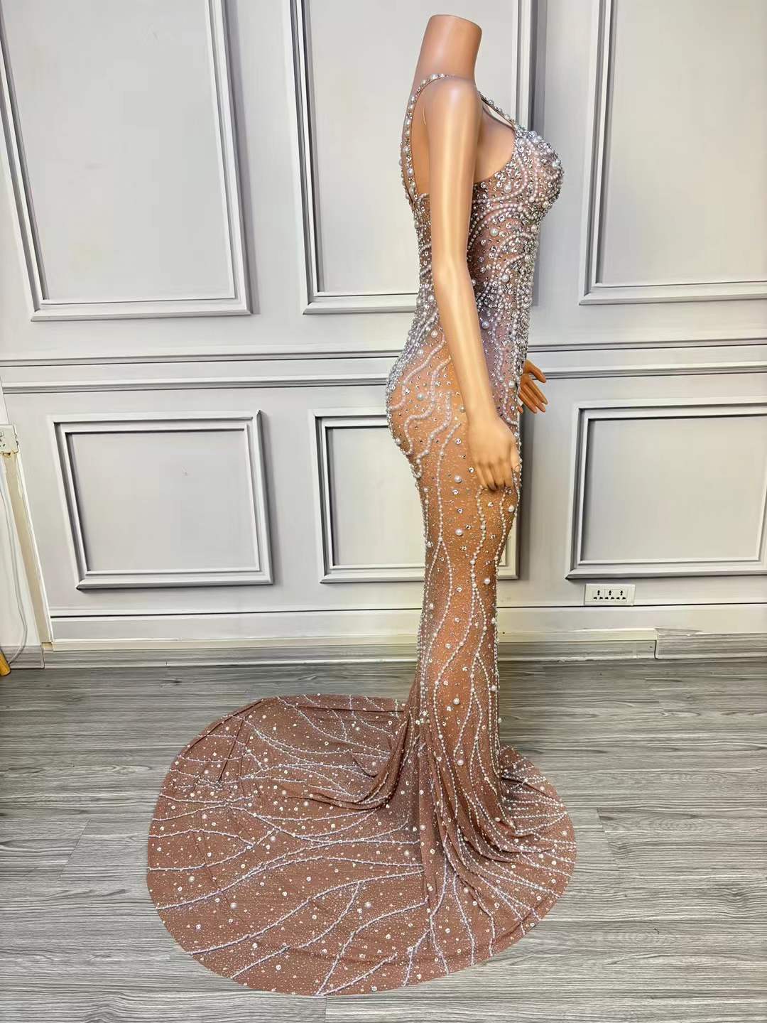 Luxury Pearl Mesh Bodycon Maxi - Women Formal Wear Photoshoot ulasan dan harga