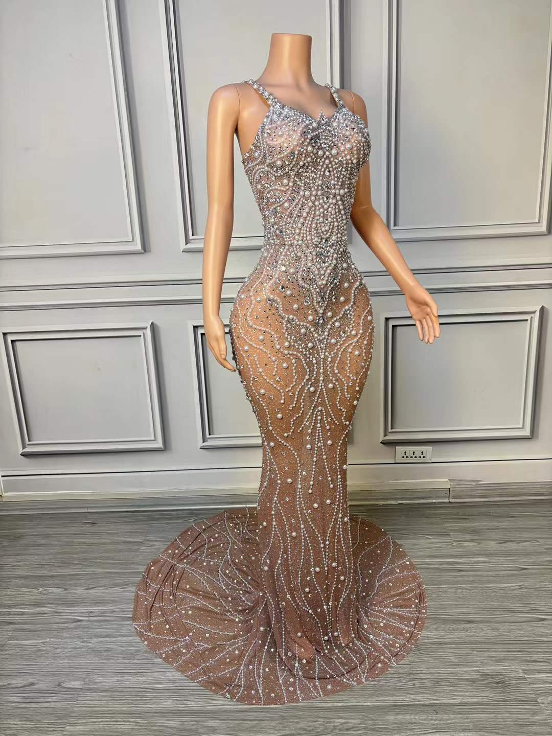 Luxury Pearl Mesh Bodycon Maxi - Women Formal Wear Photoshoot ulasan dan harga